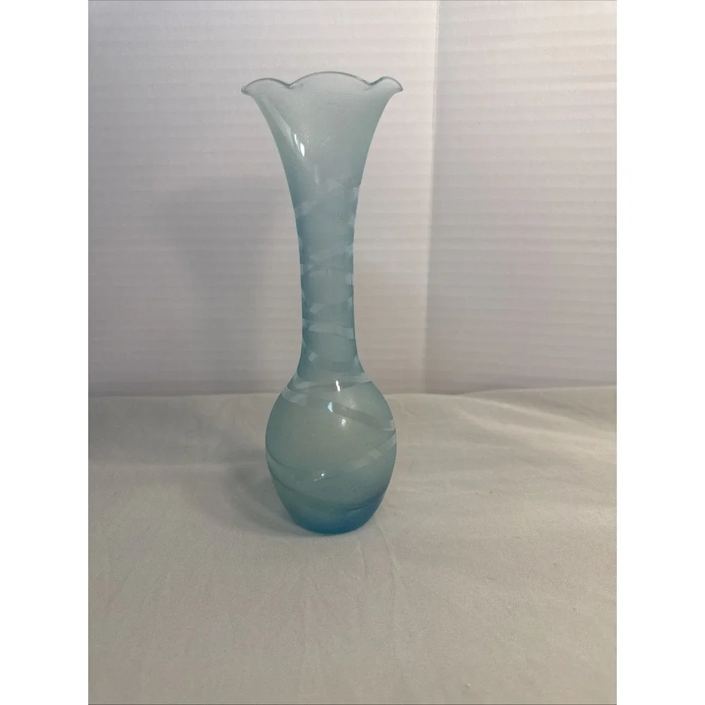 Vintage Light Blue Frosted Art Glass Vase 10